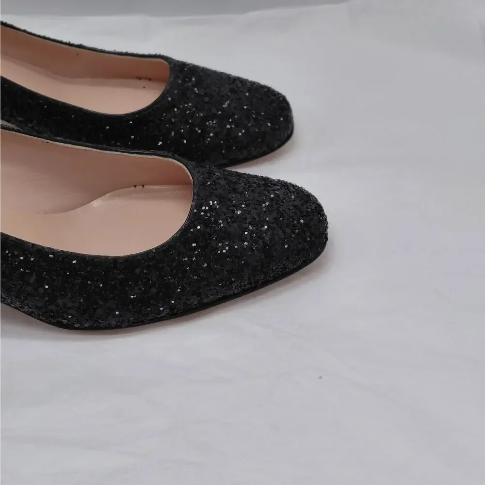 $238 Kate Spade Womens Heels Size 7M Black Glitter Pumps Wedding Party Holiday